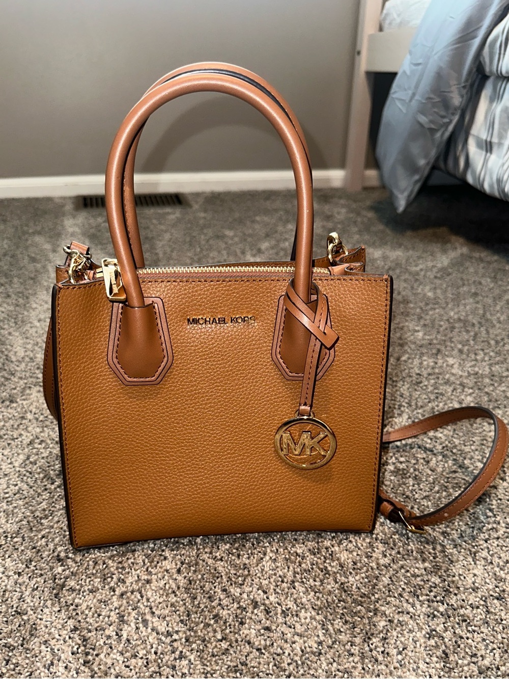 Michael Kors Mercer Medium Pebbled Leather Crossbody Bag Luggage Brown